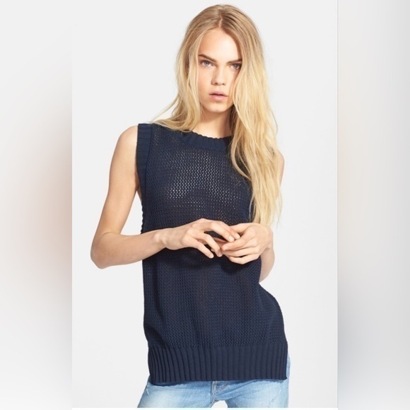 Frame Le Muscle Open Knit Sleeveless Sweater Tank Top In Navy Blue Womens Xs